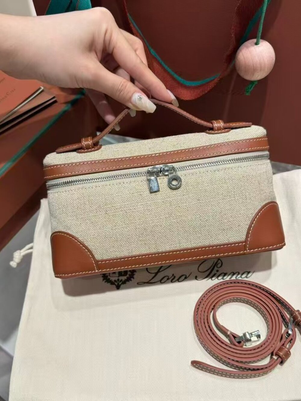 Loro Piana Extra Pocket L19 Canvas Leather Bag Tan Silver HW